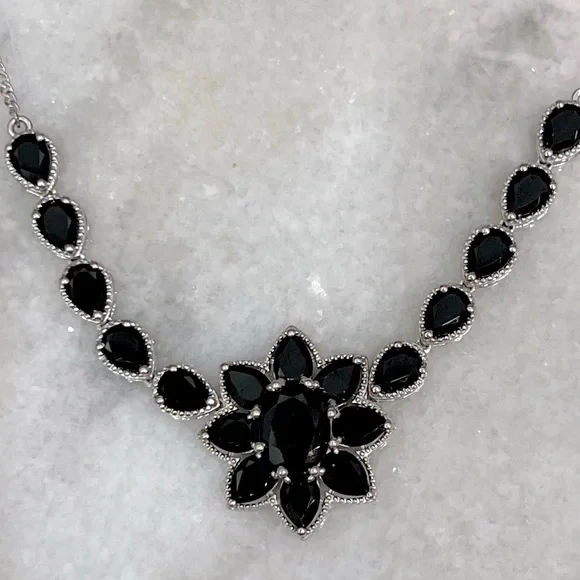 Californian Black Jade Sterling Silver Floral Necklace